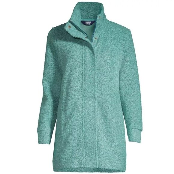 LANDS END Womens Mint Green Full Zipper Boucle Fleece Coat Sz L 14-16 - Picture 1 of 16
